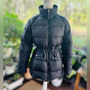 Lands' End Parka Mock Neck Down‎ Jacket Black Full Zip Medium Cinched Waist EUC